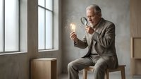 Senior Caucasian businessman in gray suit examining light bulb with magnifying glass in modern office, symbolizing innovation and creative problem-solving.
