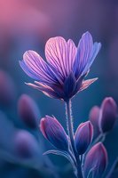 Delicate purple wildflower with translucent petals backlit at dusk, showing intricate vein patterns against blurred dark blue background. Macro nature photography.