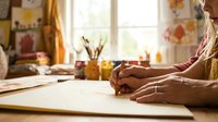 Elderly woman drawing with pencil at wooden desk in cozy art studio, warm light, creative workspace with brushes and colorful artwork in background.