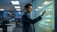 Professional businessman interacting with futuristic holographic interface displaying data analytics in modern office environment for technology presentations.