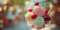 Gourmet ice cream sundae with assorted flavors, topped with fresh cherries and mint in elegant glass dish against blurred colorful background.