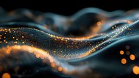 Abstract digital wave with golden particles flowing on dark background, creating futuristic technology visualization for business presentations and tech concepts.