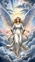 Guardian angel with spread wings floating in heavenly clouds with divine light rays. Spiritual protection and celestial guidance concept for faith-based designs.