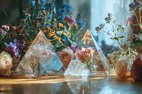 Crystal pyramid shapes with dried flowers and natural elements arranged in mystical composition against soft window light, creating ethereal atmosphere for spiritual decor.