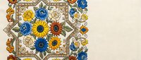 Ornate floral mandala with sunflowers, roses and decorative geometric patterns in vintage style on beige background for meditation and wellness designs.
