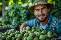 Caucasian male farmer in hat and denim overalls smiling while harvesting fresh green kiwi fruit in orchard garden during summer season.
