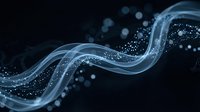 Abstract flowing wave with glowing particles and bokeh lights on dark background for modern digital design and technology presentations.
