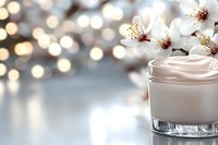 Luxurious face cream jar with fresh spring cherry blossom flowers on blurred bokeh background. Natural organic skincare and beauty concept for spa and wellness.