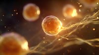 Glowing orange spherical cells with electrical connections floating in dark space, microscopic view of biological processes with light effects and bokeh.