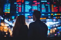 Young business couple looking at digital stock market display board with financial data and trading information in night city environment.