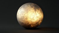 Glowing golden sphere with textured metallic surface floating in dark space, illuminated from within creating dramatic shadows and highlights. Suitable for sci-fi designs.