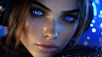 Young woman with glowing blue eyes and glitter makeup in dark atmospheric lighting with bokeh effects creates mystical futuristic portrait mood.