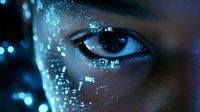 Close up view of eye with digital pattern projection mapping on face in blue technological light, representing artificial intelligence and future technology advancement.