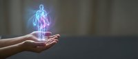 Glowing holographic human body floating above open hands, representing digital health, medical technology, and futuristic wellness concepts.