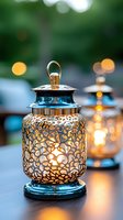 Elegant decorative lantern with intricate pattern glowing warmly at dusk, creating ambient outdoor atmosphere for garden parties or patio dining.