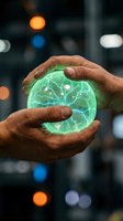 Male hands holding glowing green orb with electric energy patterns against blurred urban bokeh background. Concept for technology, innovation, power, and future solutions.