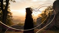 Young woman silhouette with flowing hair ribbons at golden hour sunset creating dreamy romantic atmosphere for wellness and freedom concepts.
