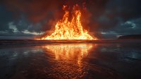 Dramatic volcanic eruption with intense flames reflecting on wet black sand beach at twilight, dark stormy clouds creating moody atmosphere and fiery glow on water surface.