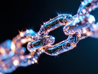 Digital chain links with glowing blue technology pattern and network connections on dark background, representing blockchain and cryptocurrency concept.