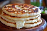 Stack of warm homemade pancakes with melted butter oozing between layers on brown ceramic plate, golden brown surface with crispy edges, close-up food photography.