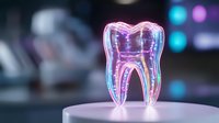 Glowing transparent tooth model with neon pink and blue illumination on display stand against dark background showcases dental anatomy and healthcare concept.