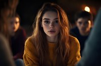 Young woman with long brown hair in orange sweater looking at camera with warm lighting and blurred people in background for lifestyle content.