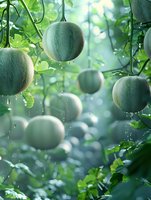 Fresh cantaloupe melons growing on vines with water drops in morning light, green leaves and bokeh background create dreamy garden atmosphere.