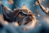Close-up portrait of curious cat face looking up at snow crystals in winter sunlight, with bokeh effect and magical atmosphere against blurred blue background.