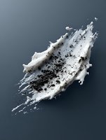 Dynamic milk splash with scattered dark coffee grounds creating dramatic contrast against gray background, frozen motion capturing liquid collision and dispersion.