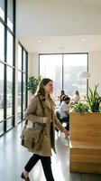 Young professional woman in trench coat walking through modern office space with large windows and urban city view in background.