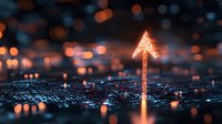 Glowing upward arrow on digital surface with bokeh lights background creates futuristic technology concept for business growth and success visualization.