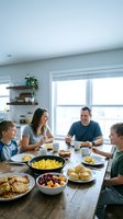 Happy Caucasian family of four enjoying breakfast together at kitchen table with scrambled eggs, fresh fruit and pastries in bright modern home.