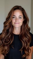 Young Caucasian woman with long wavy brown hair and highlights smiling at camera wearing black top against neutral background for beauty and lifestyle content.