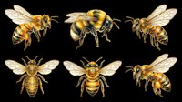 Six detailed honey bee illustrations isolated on transparent background, ready for stickers, t-shirt design, print on demand, and sublimation projects.