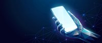 Futuristic hand holding glowing smartphone with network connections on dark blue digital background for technology and communication concepts.