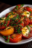 Fresh sliced tomatoes and mozzarella garnished with chopped herbs, black pepper, and seasonings served on white plate against dark wooden background.