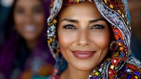 Young Middle Eastern woman wearing colorful traditional headscarf with intricate patterns, smiling warmly at camera in cultural celebration setting.