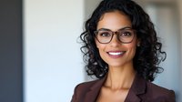 Young Indian businesswoman with curly black hair and glasses smiling confidently at camera. Professional corporate headshot against blurred office background.