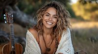 Young woman with curly hair and bohemian style sitting outdoors in nature with acoustic guitar, wearing white lace dress and ethnic jewelry, warm sunset lighting.