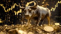 Golden bull statue on pile of gold coins against financial chart background, symbolizing wealth and stock market prosperity.
