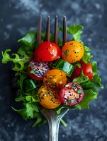 Fresh colorful cherry tomatoes and cucumber on vintage fork with green lettuce leaves, seasoned with black pepper. Dark moody food photography perfect for healthy eating blogs.