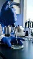 Scientist in blue latex gloves using pipette to transfer liquid sample into petri dish during laboratory research and analysis work.