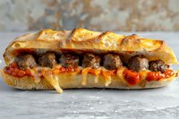 Homemade meatball submarine sandwich with melted cheese, marinara sauce, and caramelized onions on crusty baguette, served on gray surface against rustic background.