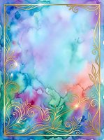 Watercolor gradient background with soft blue, purple, pink and green hues, ornate gold decorative border frame with flourish details, isolated on transparent background for design projects.