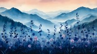 Dreamy mountain landscape at dawn with silhouettes of wildflowers and delicate pink blooms against misty blue peaks, creating serene nature atmosphere.