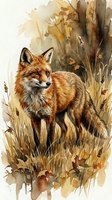 Red fox standing in autumn grassland with golden brown watercolor background for wildlife and nature designs.