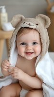 Smiling baby wearing cute bear hooded towel after bath, bright blue eyes and rosy cheeks, wrapped in soft white terry cloth in natural light setting.