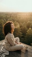 Young African American woman meditating peacefully on wooden deck overlooking lush forest at golden hour sunrise, practicing mindfulness and wellness.
