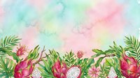 Watercolor tropical border with pink dragon fruits, green foliage, and small flowers on soft pastel background. Ideal for invitations, greeting cards, and design projects.