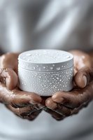 White cosmetic jar with water drops held in dark-skinned hands against blurred background, creating atmospheric spa and beauty care composition.
